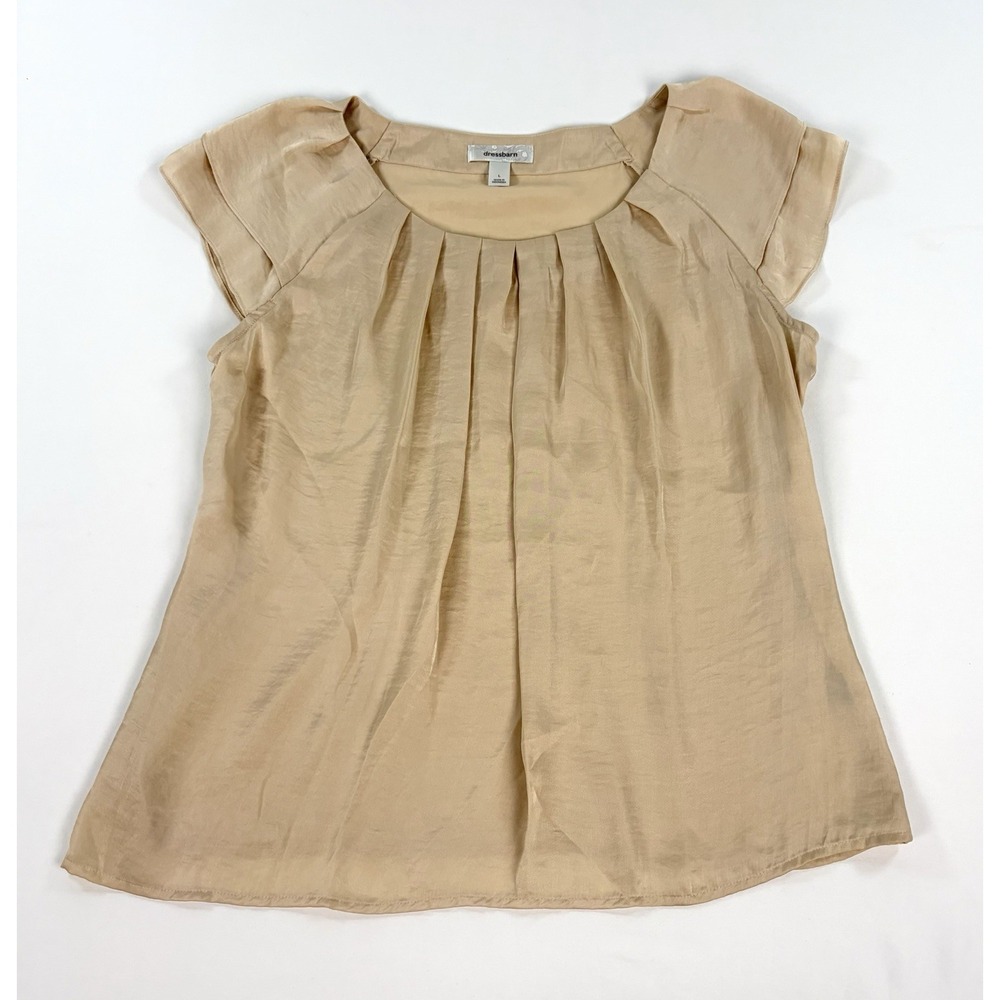 Dressbarn Beige Satin Pleated Blouse Top Women's Size Large Short Cap Sleeve